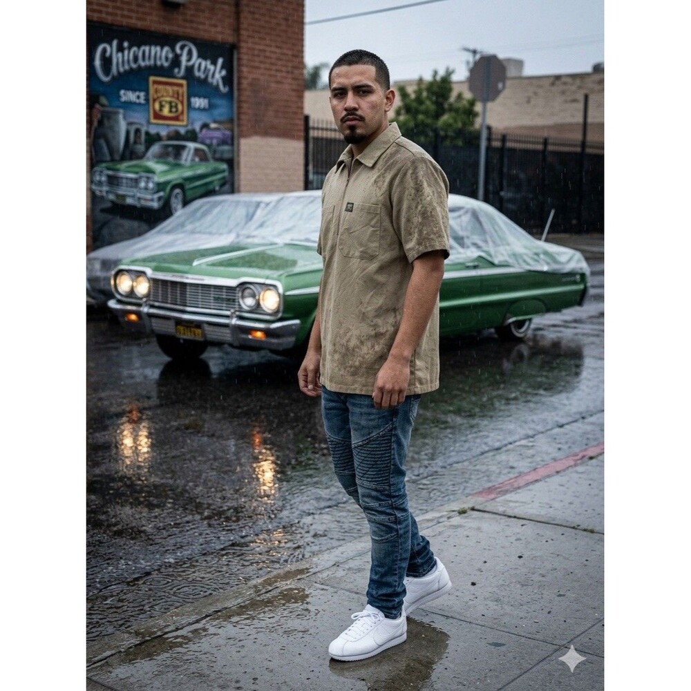 Vintage FB County Quarter Zip Shirt Medium Tan Khaki Cholo Lowrider Streetwear